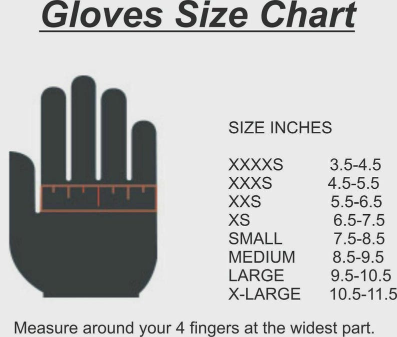 May include: A glove size chart with the text "Gloves Size Chart". The chart includes a hand silhouette with a ruler, and size measurements in inches, ranging from 3.5 to 11.5 inches. The text also instructs the user to measure around their four fingers.