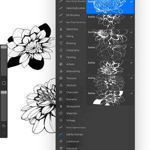 Puede incluir: Una captura de pantalla de una aplicación de arte digital que muestra una biblioteca de pinceles con una variedad de categorías de pinceles, que incluyen Faux Finish Brushes, AdonihsBrushes, DP Brushes, Bao Pham Brush set, Sketching, Inking, Drawing, Calligraphy, Painting, Artistic, Airbrushing, Textures, Abstract, Charcoals, Elements, Spraypaints, Materials, Vintage, Evens digital brushes, Dahlia Stamps, Luminance, Industrial, Organic, Water e Imported. La biblioteca de pinceles está en el lado derecho de la pantalla, y una ilustración en blanco y negro de una flor está en el lado izquierdo de la pantalla.