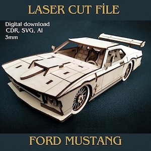 Ford Mustang 3D cortado a laser | Quebra-cabeça 3D de madeira vintage | Arquivo SVG, CDR, AL Ford Mustang Toy Wooden download digital - GİFTS