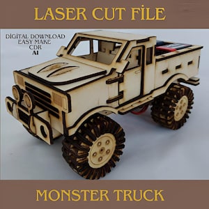 Monster Truck cortado a laser 3D | Quebra-cabeça 3D de madeira vintage | CDR, arquivo Al Monster Truck Toy de madeira para download digital - GİFTS