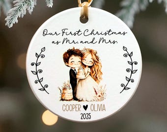 Custom Wedding Bride Groom First Christmas Married Ceramic Ornament, shower gift, custom married ornament, personalized wedding ornament