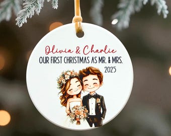 Custom Wedding Bride Groom First Christmas Married Ceramic Ornament, shower gift, custom married ornament, personalized wedding ornament