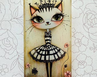 May include: A whimsical artwork featuring a stylized cat wearing a crown and a black and white striped dress. The cat has large green eyes and long eyelashes. Pink flowers and a black flower are on the sides. The background is a light beige.