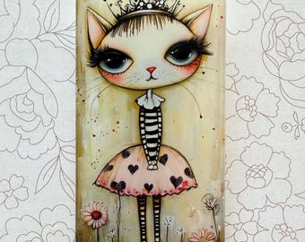 May include: A whimsical illustration of a cat wearing a crown and a pink dress adorned with black hearts. The cat has large blue eyes and long eyelashes. The artwork is set against a floral background.
