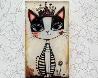 May include: A rectangular artwork featuring a whimsical cat with a black and white face, adorned with a crown. The cat has large blue eyes and is seated with striped legs. Small flowers are depicted at the base of the artwork.