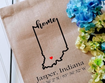 Indiana Coordinates Custom Garden Flag with latitude and longitude, Personalized Yard decor flag, Housewarming gift, Realtor client gift