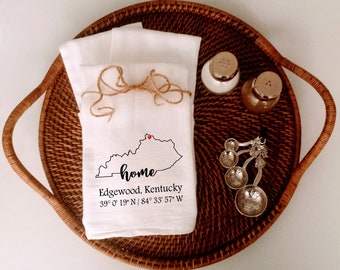 Kentucky Home Custom Coordinates Flour Sack Kitchen Towel, Choose Your City and Coordinates, Housewarming gift, Hostess gift, Realtor gift