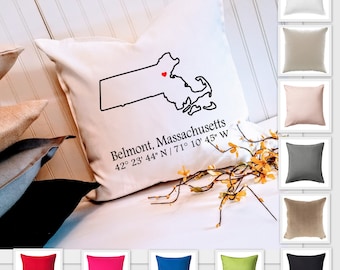 Massachusetts Home 18" or 20" Custom Pillow Cover, Choose Your City and Coordinates, Housewarming gift, Hostess gift, Realtor client gift