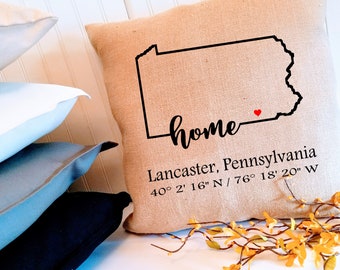 Custom Pennsylvania Coordinates Pillow Cover, Choose Your City, Housewarming Gift, Hostess Gift, Realtor Client Gift
