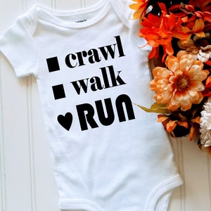 Crawl Walk Run Runners Baby Bodysuit Runner's Infant Bodysuit Baby Shower Gift Race Day Baby Bodysuit Outfit, Baby shower gift ideas image 2