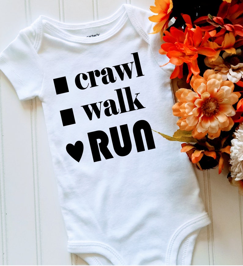 Crawl Walk Run Runners Baby Bodysuit Runner's Infant Bodysuit Baby Shower Gift Race Day Baby Bodysuit Outfit, Baby shower gift ideas image 2