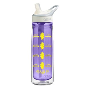 May include: Purple water bottle with a gray lid and a straw. The bottle has a seashell design and a time-based reminder to refill the bottle. The bottle has the text "Refill It" on it.