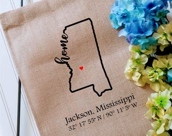 Mississippi Coordinates Custom Garden Flag with latitude and longitude, Personalized Yard decor flag, Housewarming gift, Realtor client gift