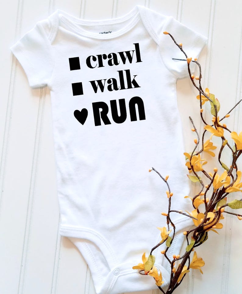 Crawl Walk Run Runners Baby Bodysuit Runner's Infant Bodysuit Baby Shower Gift Race Day Baby Bodysuit Outfit, Baby shower gift ideas image 1