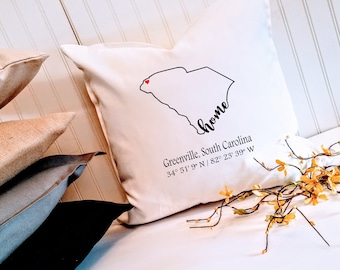 South Carolina Home  18" or 20" Pillow Cover Pillow Cover, Choose City & Coordinates, Housewarming gift, Hostess gift, Realtor client gift