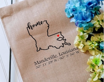 Louisiana Coordinates Custom Garden Flag with latitude and longitude, Personalized Yard decor flag, Housewarming gift, Realtor client gift