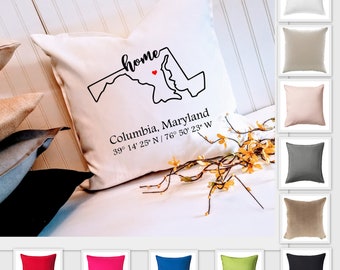 Maryland Home 18" or 20" Custom Pillow Cover, Choose Your City and Coordinates, Housewarming gift, Hostess gift, Realtor client gift