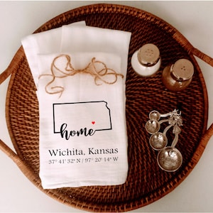 Kansas Home Custom Coordinates Flour Sack Kitchen Towel, Choose Your City Coordinates, Housewarming gift, Hostess gift, Realtor client gift