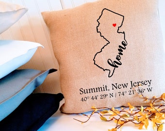 Personalized New Jersey Coordinates Pillow Cover with Custom City Name - makes great hostess, housewarming, or realtor client gift