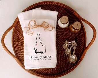 Idaho Home Custom Coordinates Kitchen Four Sack Towel, Choose Your City Coordinates, Hostess gift, Housewarming gift, Realtor client gift