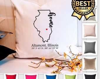 Illinois Home 18" or 20" Custom Pillow Cover, Choose Your City and Coordinates, Hostess gift, Housewarming gift, Realtor client gift