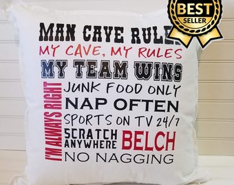 Man Cave 18" or 20" Custom Pillow Cover,  Sports Fan Pillow Cover, Choose Your Colors, Gift for boyfriend, Gift for Husband, Gift for Dad