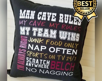 Man Cave 18" or 20" Custom Pillow Cover, Sports Fan Pillow Cover, Gift for boyfriend, Gift for Dad, Gift for Husband, Sports Team Pillow