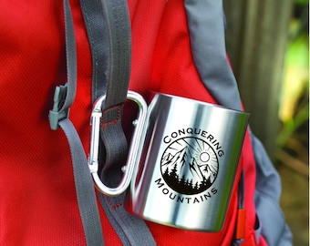 Custom Hiking or Camping Stainless Steel Travel Mug with Carabiner Hook, Conquering Mountains