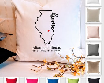 Illinois Home 18" or 20" Custom Pillow Cover, Choose Your City and Coordinates, Hostess gift, Housewarming gift, Realtor client gift