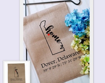 Delaware Coordinates Custom Garden Flag with latitude and longitude, Personalized Yard decor flag, Housewarming gift, Realtor client gift