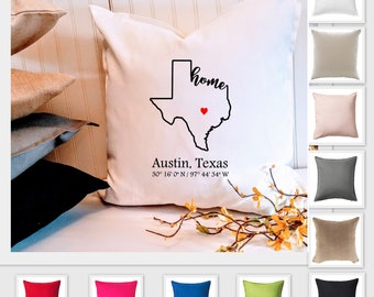 Texas Home 18" or 20" Custom Pillow Cover, Choose Your City and Coordinates, Housewarming gift, Hostess gift, Realtor client gift