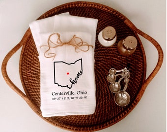 Ohio Home Custom Coordinates Flour Sack Kitchen Towel, Choose City and Coordinates, Housewarming gift, Hostess gift, Realtor client gift