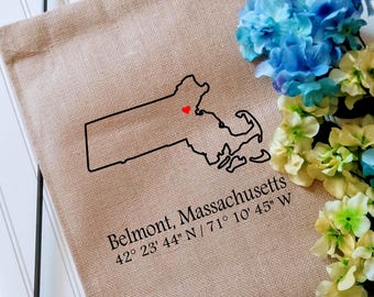 Massachusetts Coordinates Custom Garden Flag with latitude and longitude, Personalized Yard  flag, Housewarming gift, Realtor client gift
