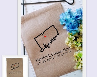 Connecticut Coordinates Custom Garden Flag with latitude and longitude, Personalized Yard decor flag, Housewarming gift, Realtor client gift