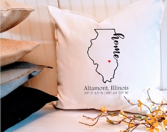 Custom Illinois City Coordinates Pillow Cover with Heart, Farmhouse Decor, Personalized Housewarming Gift, Realtor Client Present