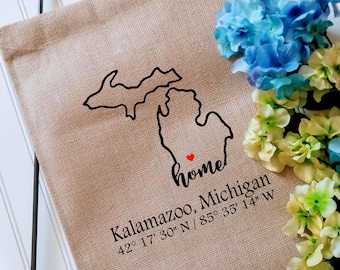 Michigan Coordinates Custom Garden Flag with latitude and longitude, Personalized Yard decor flag, Housewarming gift, Realtor client gift