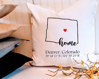 Colorado Home 18" or 20" Custom Pillow Cover, Choose Your City and Coordinates, Housewarming gift, Hostess gift, Realtor client gift