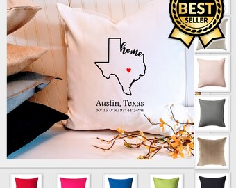 Texas Home 18" or 20" Custom Pillow Cover, Choose Your City and Coordinates, Housewarming gift, Hostess gift, Realtor client gift
