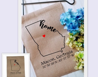 Georgia Coordinates Custom Garden Flag with latitude and longitude, Personalized Yard decor flag, Housewarming gift, Realtor client gift