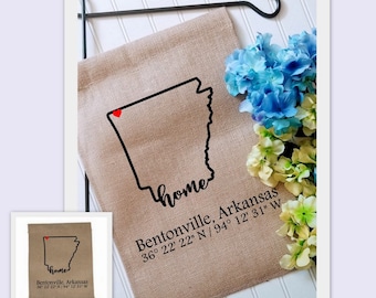 Arkansas Coordinates Custom Garden Flag with latitude and longitude, Personalized Yard decor flag, House warming gift, Realtor client gift