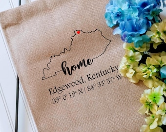 Kentucky Coordinates Custom Garden Flag with latitude and longitude, Personalized Yard decor flag, Housewarming gift, Realtor client gift