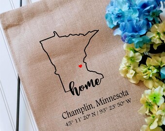 Minnesota Coordinates Custom Garden Flag with latitude and longitude, Personalized Yard decor flag, Housewarming gift, Realtor client gift