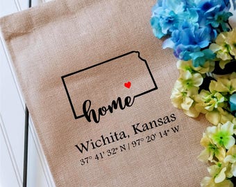Kansas Coordinates Custom Garden Flag with latitude and longitude, Personalized Yard decor flag, Housewarming gift, Realtor client gift