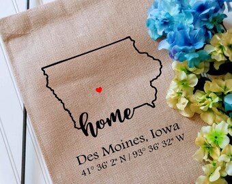Iowa Coordinates Custom Garden Flag with latitude and longitude, Personalized Yard decor flag, Housewarming gift, Realtor client gift