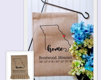 Personalized Missouri Coordinates Burlap Garden Flag - Custom Latitude Longitude Yard Decor for City Pride - Jute Burlap Flag - Custom Color