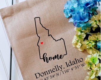 Idaho Coordinates Custom Garden Flag with latitude and longitude, Personalized Yard decor flag, Housewarming gift, Realtor client gift