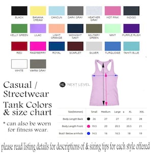 May include: A size chart for tank tops in various colors, including black, white, red, blue, green, and purple. The chart shows the measurements for body length, bust, and armhole in inches for sizes small, medium, large, XL, and XXL.