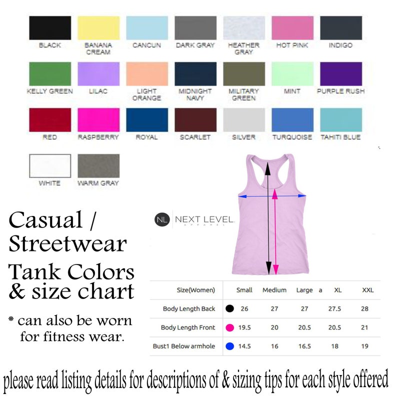 May include: A size chart for tank tops in various colors, including black, white, red, blue, green, and purple. The chart shows the measurements for body length, bust, and armhole in inches for sizes small, medium, large, XL, and XXL.