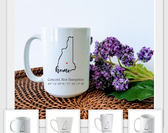 Taza con coordenadas personalizadas del estado de New Hampshire (4 tamaños, elige ciudad y coordenadas). Regalo de inauguración de la casa, regalo para anfitrionas y regalo para clientes de agentes inmobiliarios.