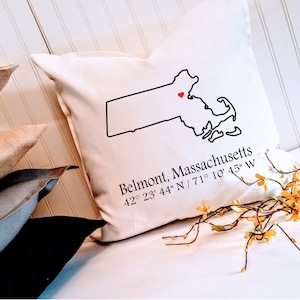 Massachusetts Home 18&quot; or 20&quot; Custom Pillow Cover, Choose Your City and Coordinates, Housewarming gift, Hostess gift, Realtor client gift